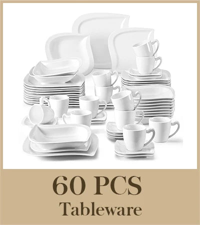 MALACASA 30/60 Piece White Porcelain Dinner Set with Cups Saucers Dessert Soup Dinner Plates Tableware Service for 6/12